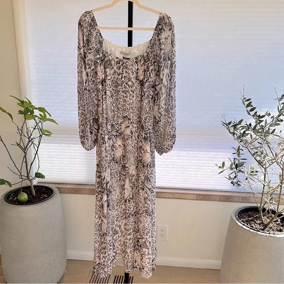 All Saints Amara Laertes Midi Dress Grey Ecru Cheetah 4 NWT Spring Neutral Chic - Picture 2 of 8
